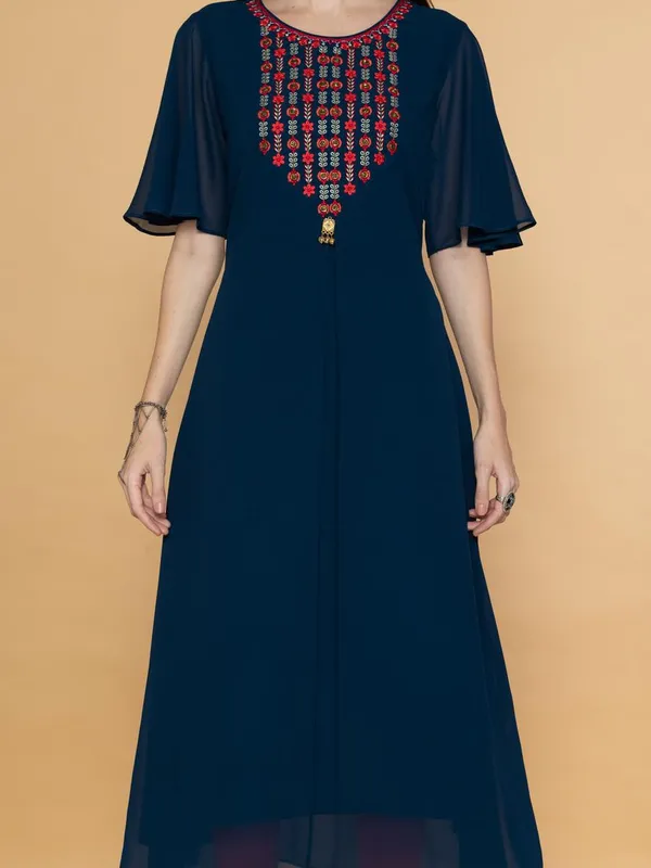 Teal Blue Ethnic Motifs Yoke Embroidered Midi Dress