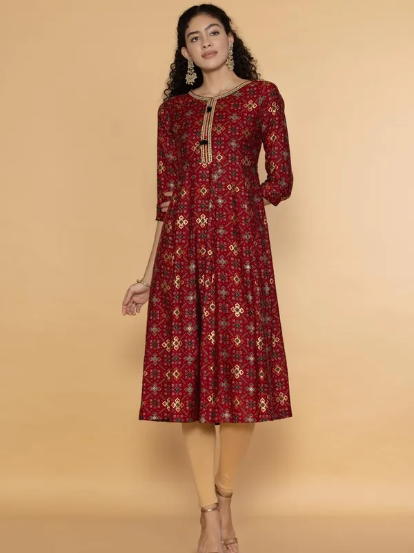 Maroon Ethnic Motifs Ikkat Gold Printed Midi Dress