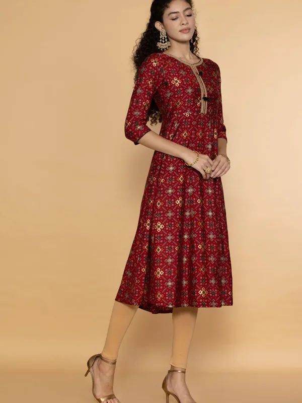 Maroon Ethnic Motifs Ikkat Gold Printed Midi Dress