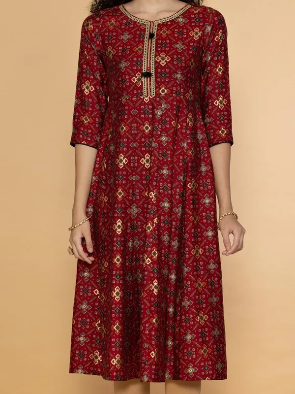 Maroon Ethnic Motifs Ikkat Gold Printed Midi Dress