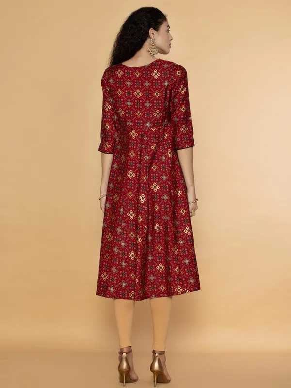 Maroon Ethnic Motifs Ikkat Gold Printed Midi Dress