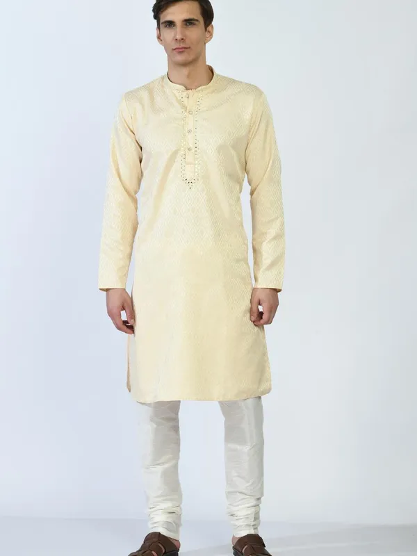 Beige and Gold-Toned Mirror Work Kurta Set