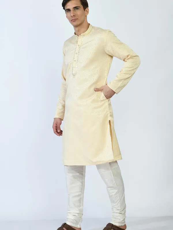 Beige and Gold-Toned Mirror Work Kurta Set