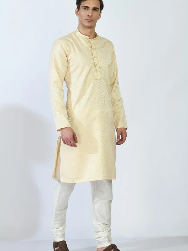 Beige and Gold-Toned Mirror Work Kurta Set