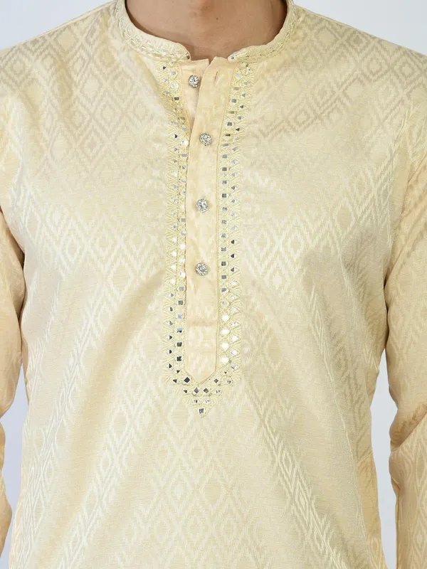 Beige and Gold-Toned Mirror Work Kurta Set