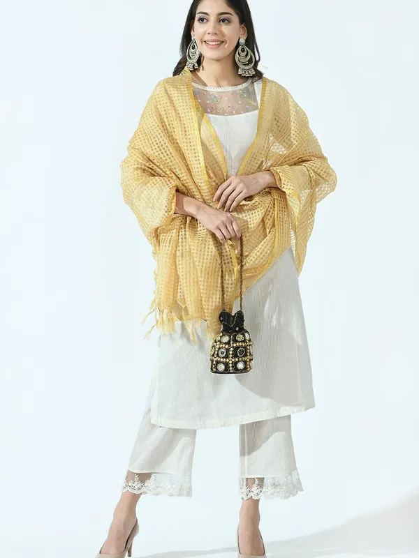 Beige and Gold-Toned Kota Checked Dupatta