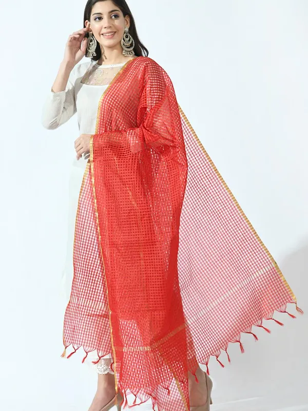 Red and Gold-Toned Kota Checked Dupatta