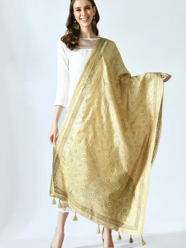 Beige & Gold-Toned Woven Design Dupatta