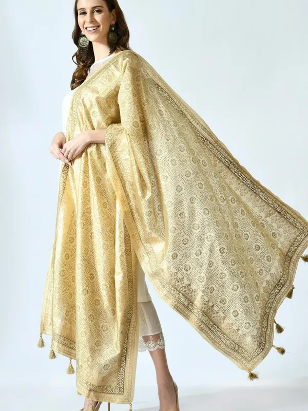 Beige & Gold-Toned Woven Design Dupatta