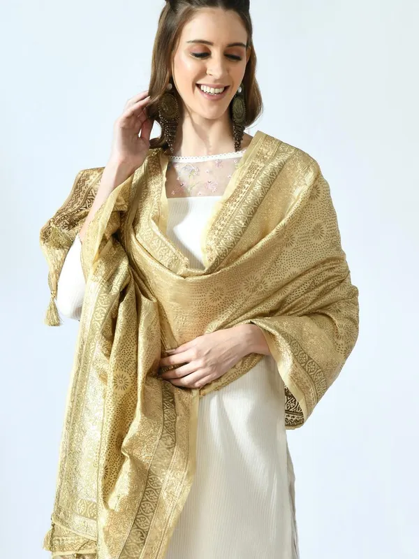 Beige & Gold-Toned Woven Design Dupatta
