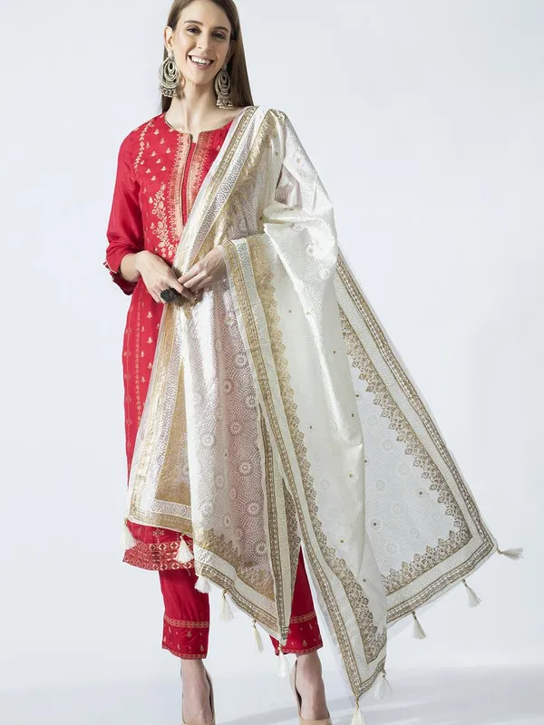 Off White & Gold-Toned Woven Design Dupatta