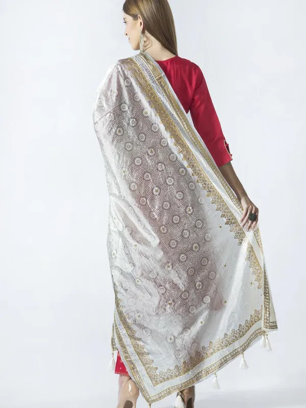 Off White & Gold-Toned Woven Design Dupatta