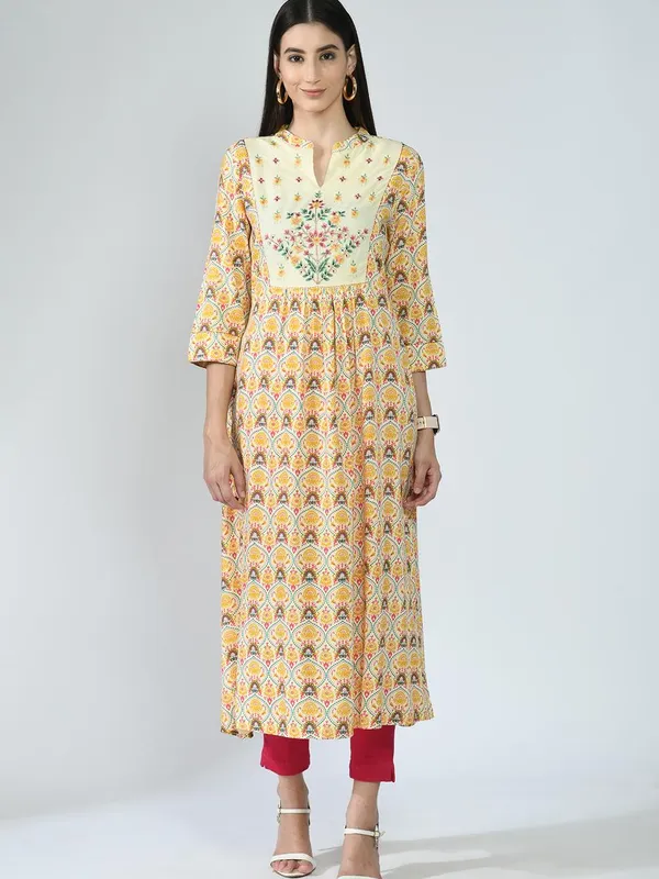 Multi Ethnic Motifs Yoke Embroidered and Printed A-Line Midi Dress