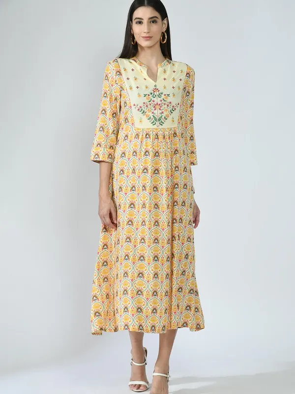 Multi Ethnic Motifs Yoke Embroidered and Printed A-Line Midi Dress