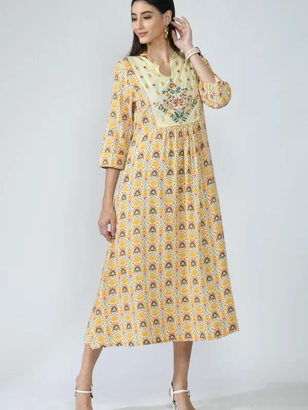 Multi Ethnic Motifs Yoke Embroidered and Printed A-Line Midi Dress