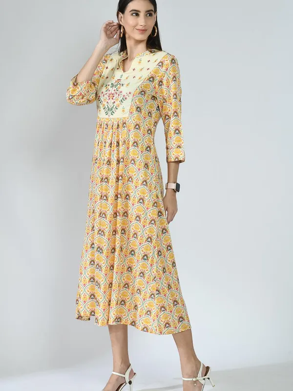 Multi Ethnic Motifs Yoke Embroidered and Printed A-Line Midi Dress