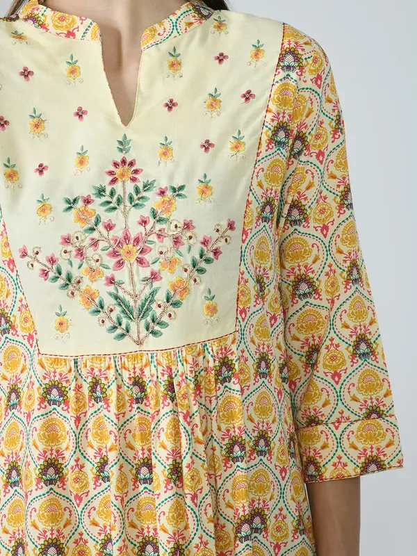 Multi Ethnic Motifs Yoke Embroidered and Printed A-Line Midi Dress