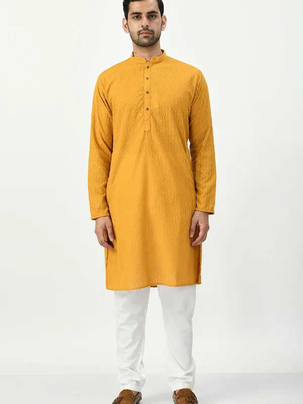 Mustard Yellow Ethnic Motifs Chikankari Kurta with Churidar