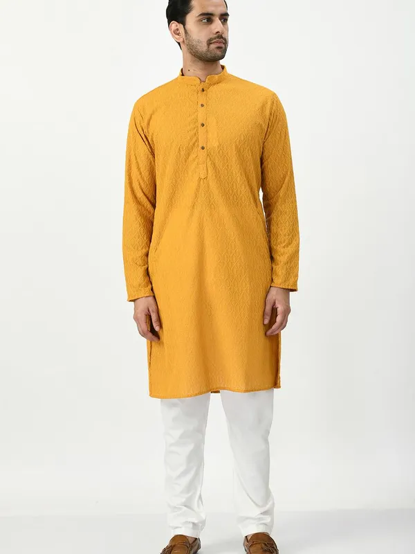 Mustard Yellow Ethnic Motifs Chikankari Kurta with Churidar