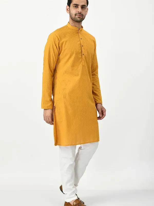 Mustard Yellow Ethnic Motifs Chikankari Kurta with Churidar