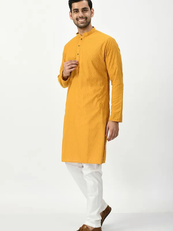 Mustard Yellow Ethnic Motifs Chikankari Kurta with Churidar