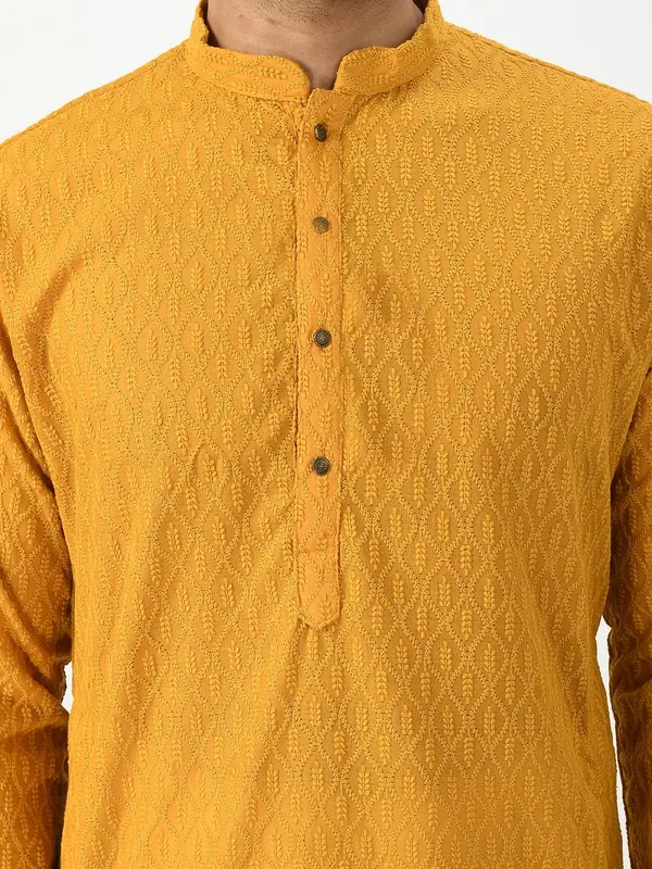 Mustard Yellow Ethnic Motifs Chikankari Kurta with Churidar