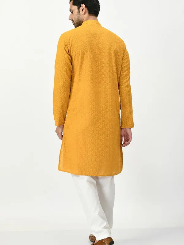 Mustard Yellow Ethnic Motifs Chikankari Kurta with Churidar