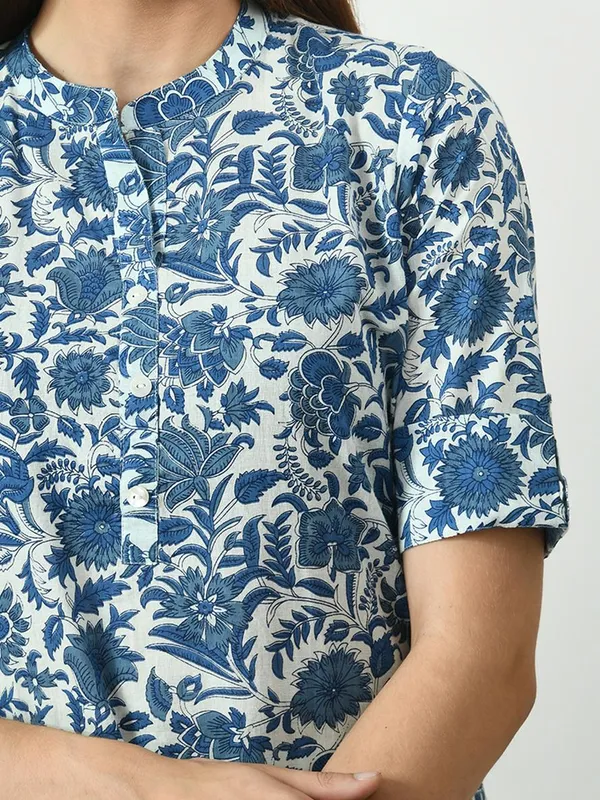 Blue Floral Screen Printed Top