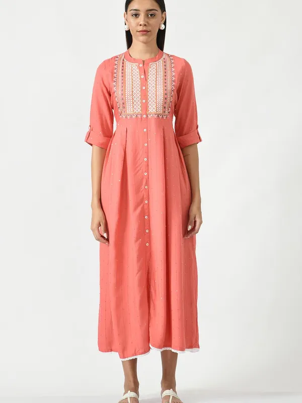 Peach Floral Yoke Embroidered Ethnic Midi Dress