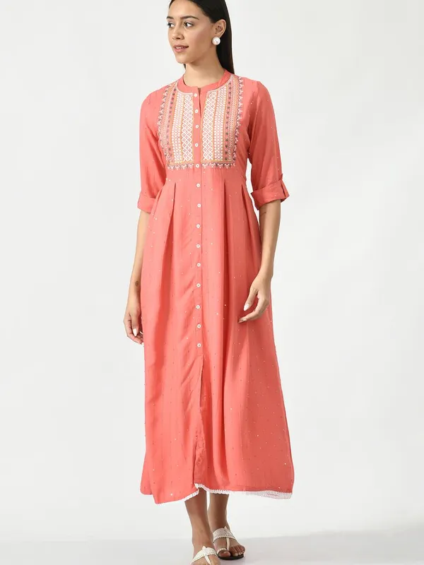 Peach Floral Yoke Embroidered Ethnic Midi Dress