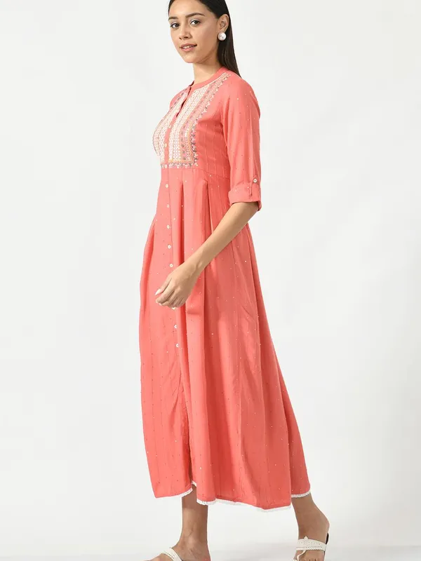 Peach Floral Yoke Embroidered Ethnic Midi Dress