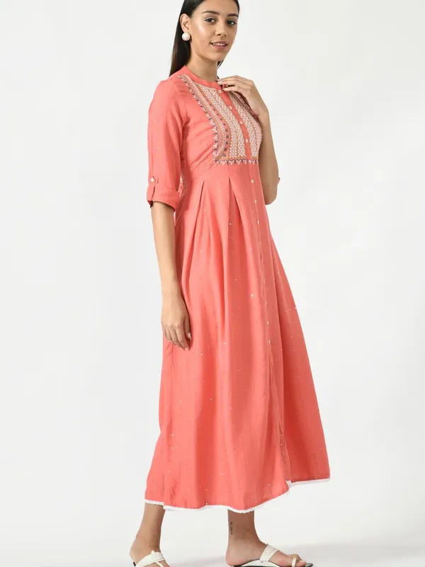 Peach Floral Yoke Embroidered Ethnic Midi Dress