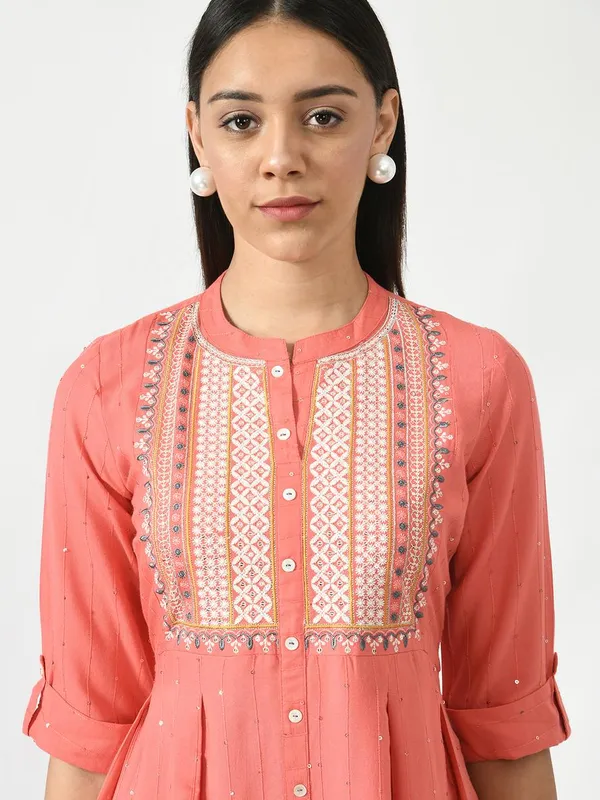 Peach Floral Yoke Embroidered Ethnic Midi Dress