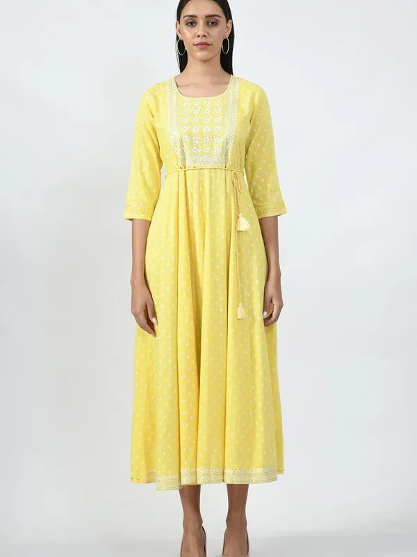 Yellow Ethnic Motifs Yoke Embroidered Ethnic A-Line Midi Dress