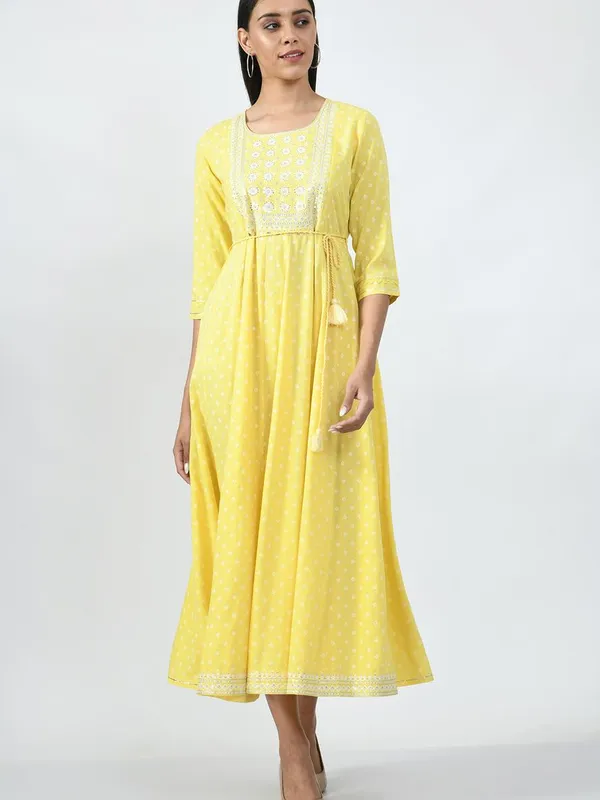 Yellow Ethnic Motifs Yoke Embroidered Ethnic A-Line Midi Dress