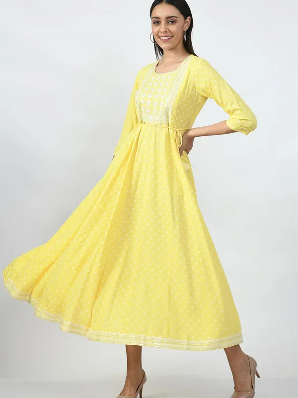 Yellow Ethnic Motifs Yoke Embroidered Ethnic A-Line Midi Dress