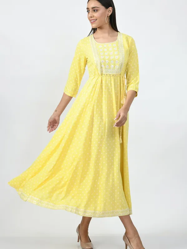 Yellow Ethnic Motifs Yoke Embroidered Ethnic A-Line Midi Dress