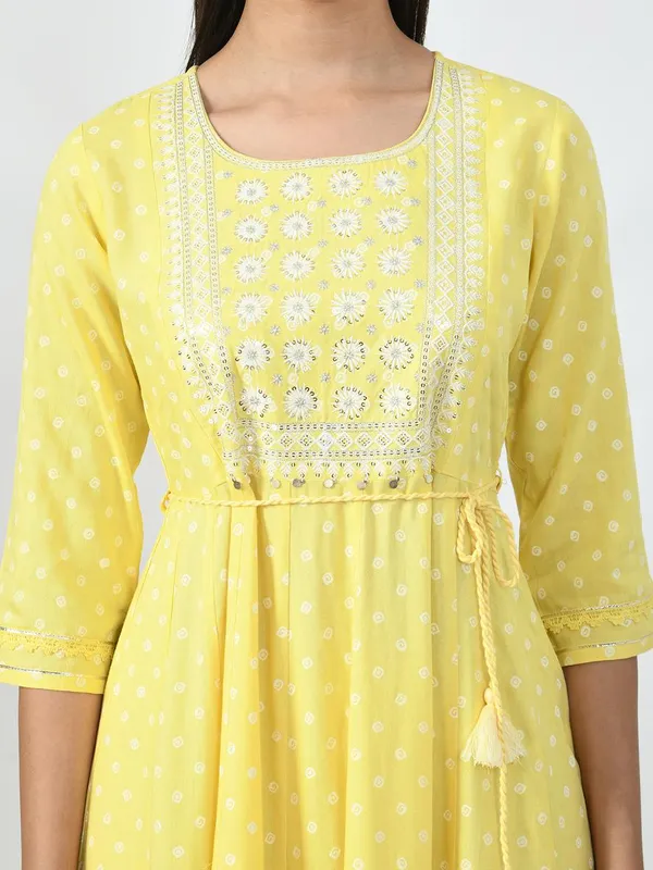 Yellow Ethnic Motifs Yoke Embroidered Ethnic A-Line Midi Dress