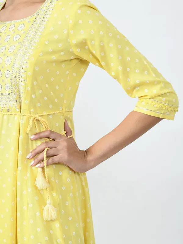 Yellow Ethnic Motifs Yoke Embroidered Ethnic A-Line Midi Dress