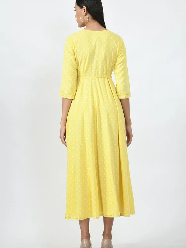 Yellow Ethnic Motifs Yoke Embroidered Ethnic A-Line Midi Dress