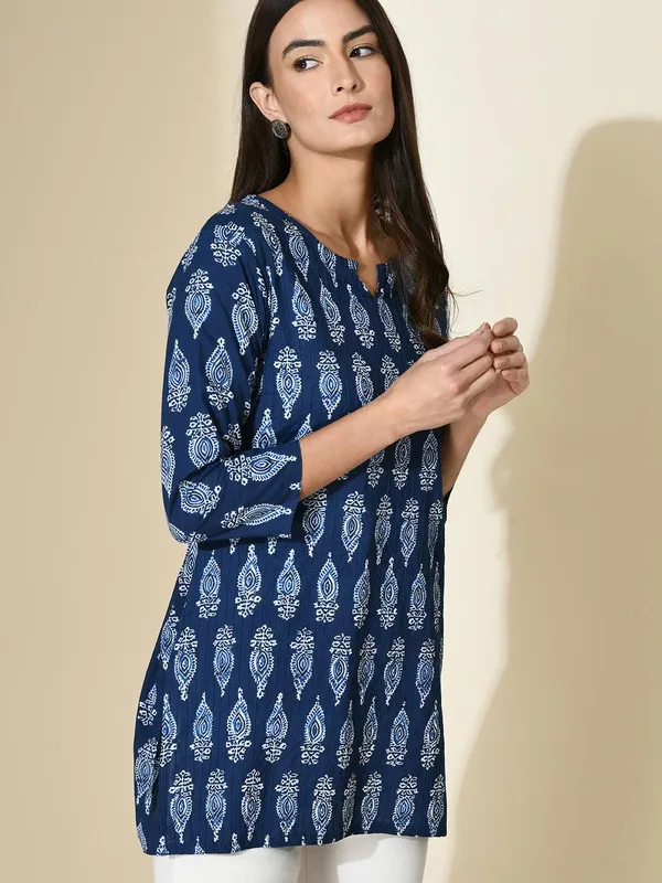 Blue Block Print Pintex Straight Top