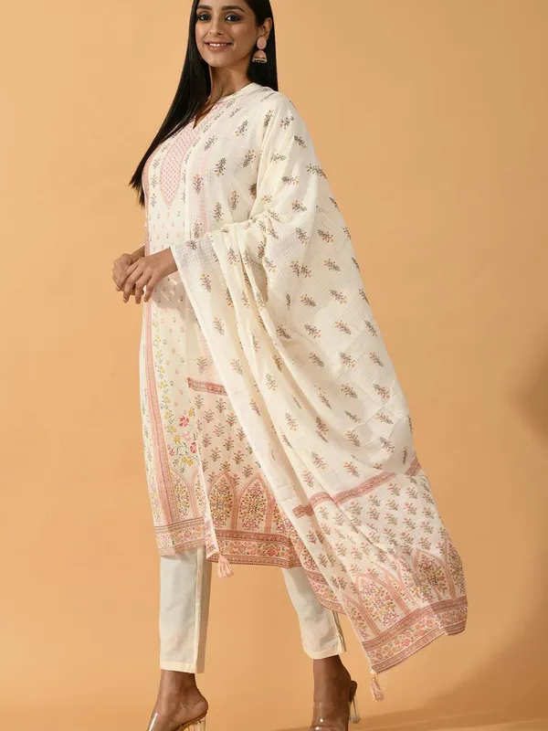 Cream Printed Straight Kurta Set