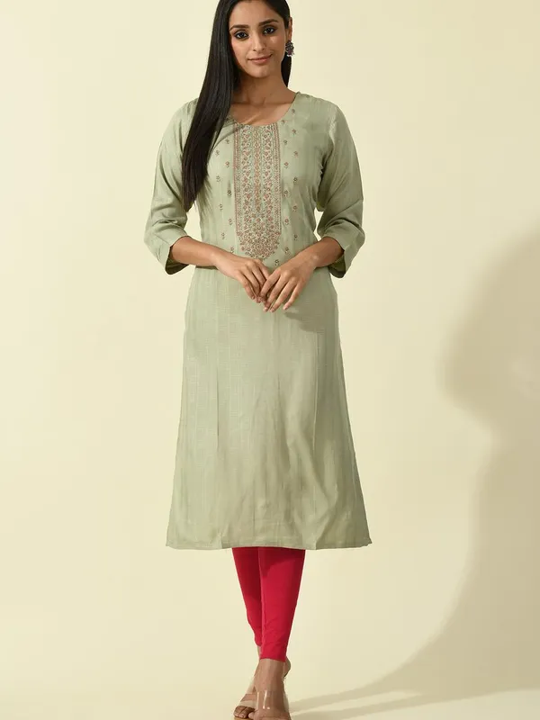 Mehandi Green Yoke Embroidered Straight Kurta