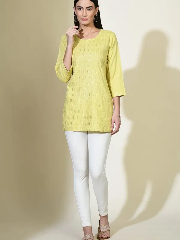 Yellow Solid Embroidered Top