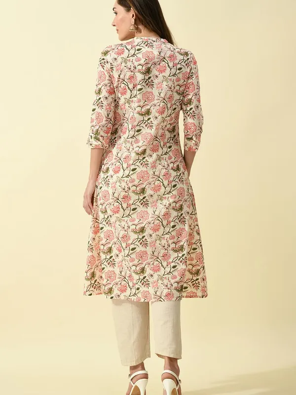 Cream Floral Printed A-Line Kurta