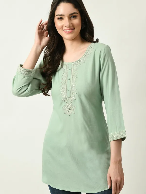 Green Yoke Embroidered Solid Straight Top