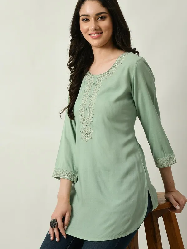 Green Yoke Embroidered Solid Straight Top