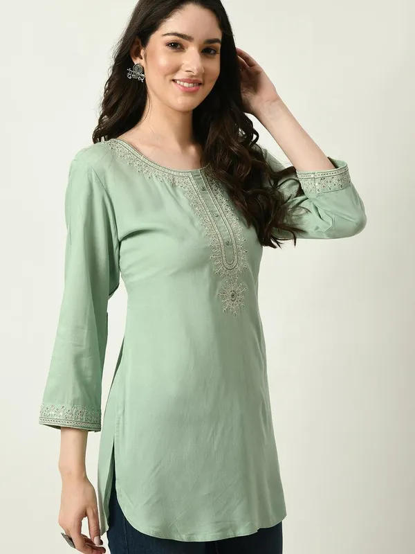 Green Yoke Embroidered Solid Straight Top