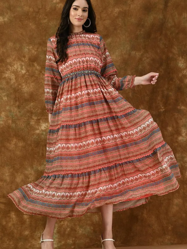 Multi Printed Gather Flared Dress
