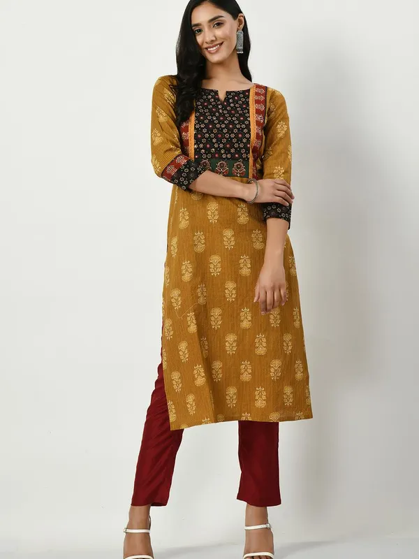 Mustard Yoke Stone and Mirror Work Printed Kurta